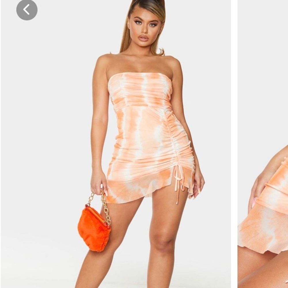 Prettylittlething Orange Tie Dye Mesh Ruched Frill Edge Bandeau Bodycon Dress